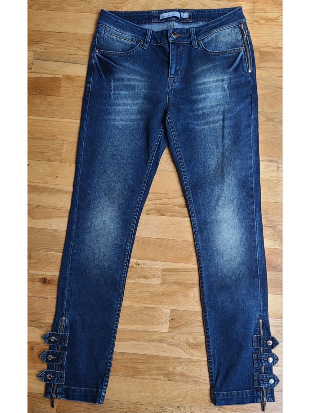 Vintage Karen Millen Moto Zip Skinny Jean 90s Y2K Sz 6 Biker Rocker Mobwife